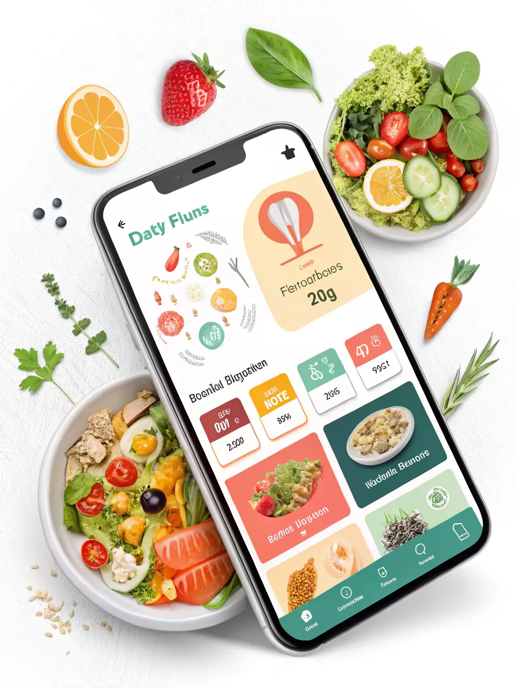 A person using a calorie calculator on a smartphone, with a focus on the app interface and the variety of food options available. The background is a healthy kitchen setting.