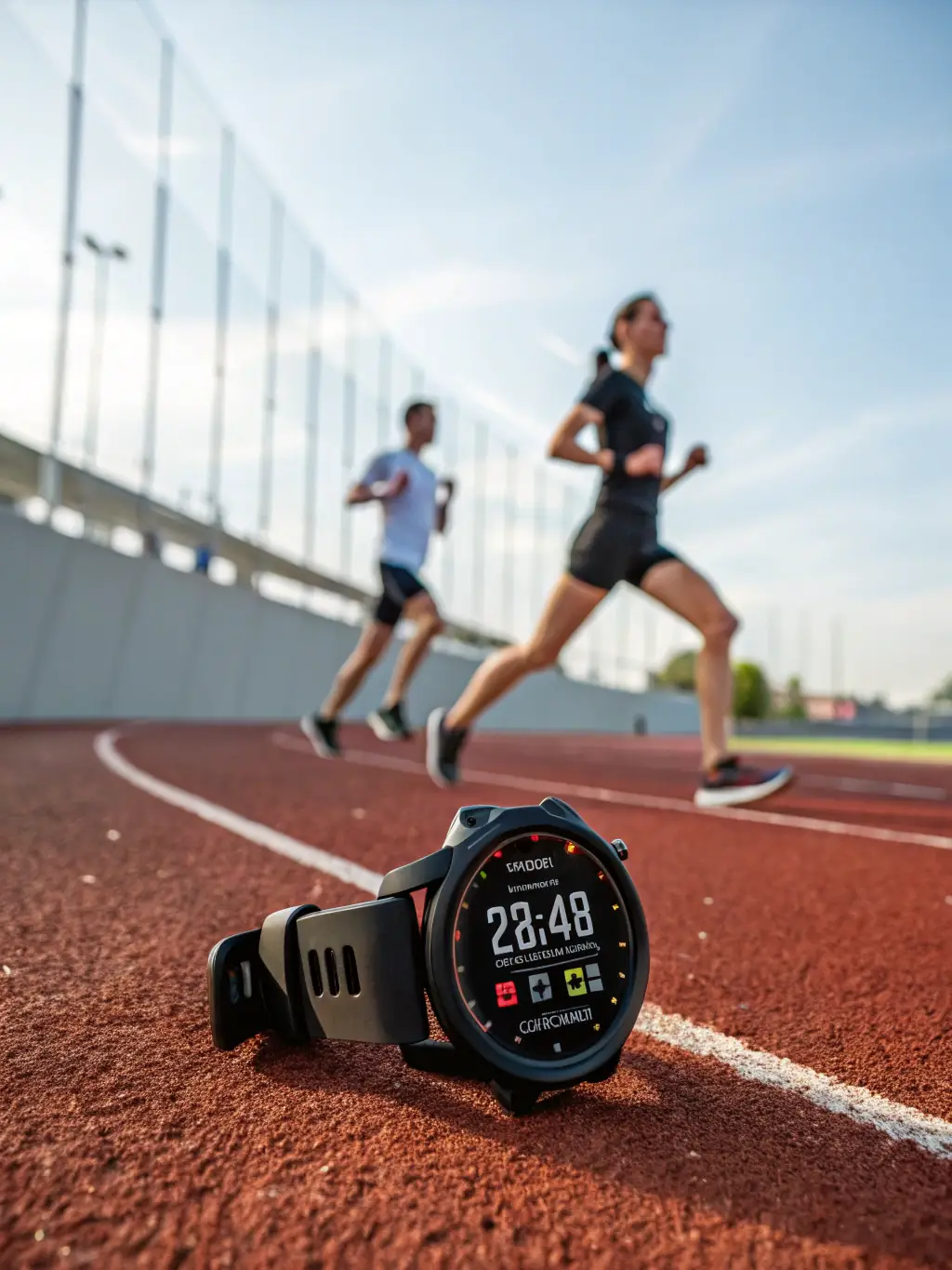 A person using a hydration calculator on a smartwatch during a workout, with a focus on the real-time tracking of fluid intake. The background is an outdoor running track.