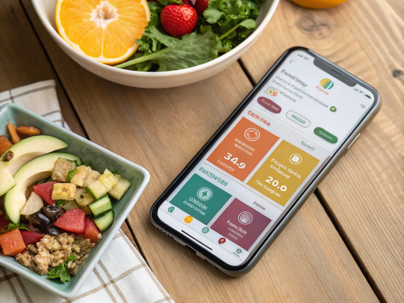 A digital display of a calorie tracking app on a smartphone, showing detailed nutritional information and progress, with a healthy meal in the background.