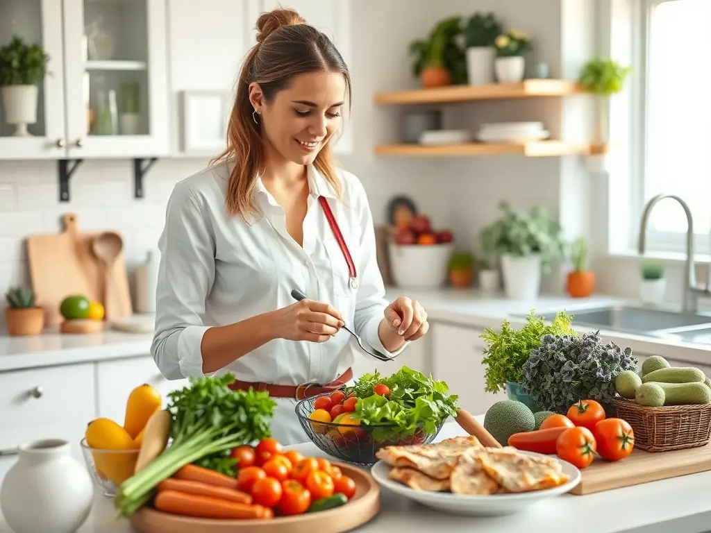 A person preparing a meal with a focus on macronutrient balance, using measuring cups and a food scale, in a well-lit kitchen.