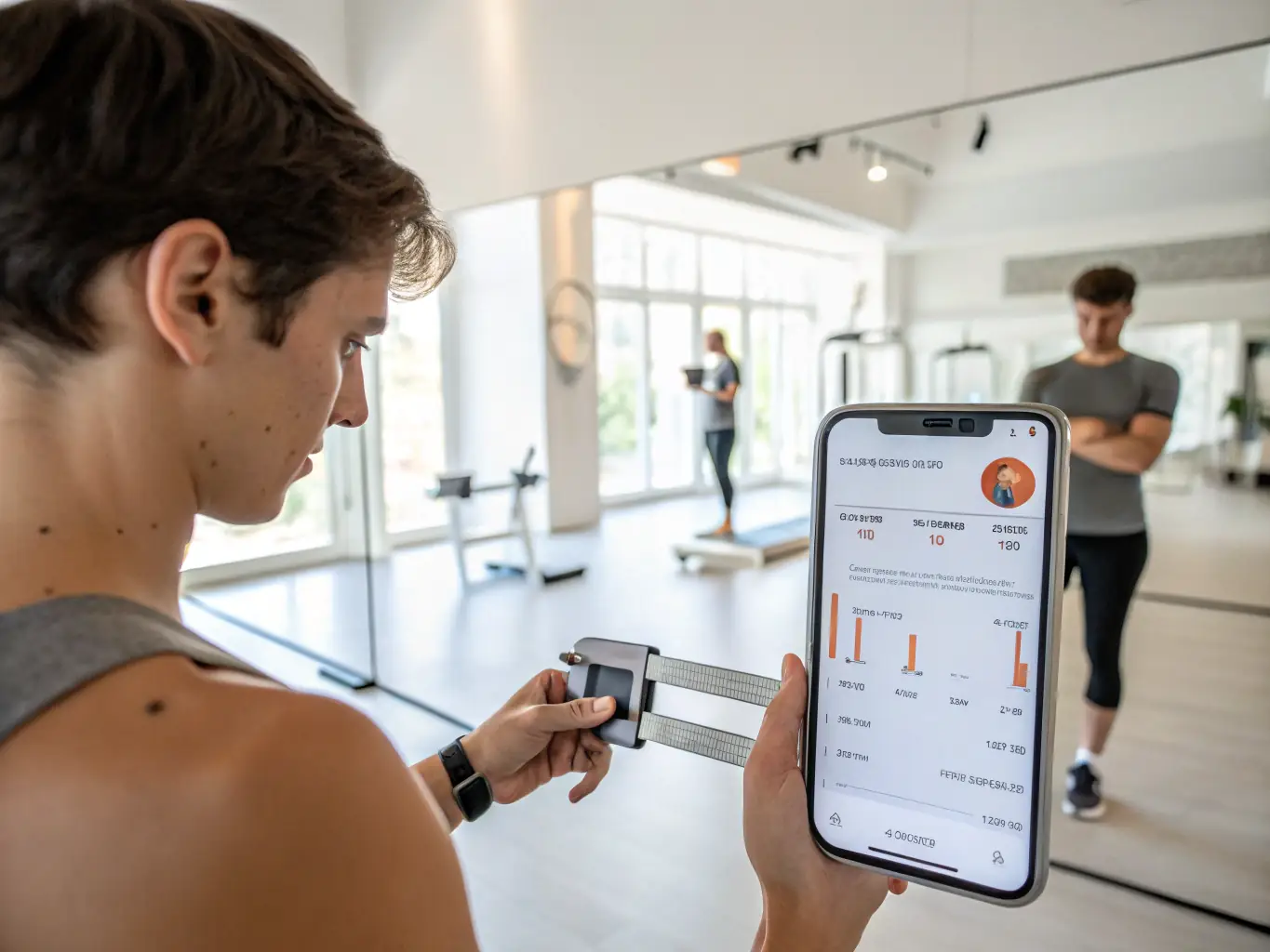 A person using a body fat caliper with a determined expression, focusing on accurate measurement, in a bright, modern gym setting.